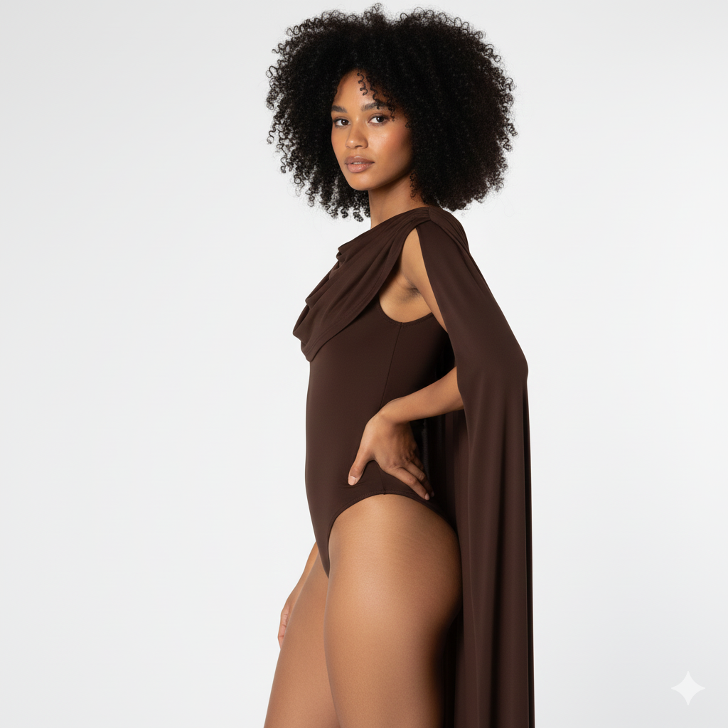 Woman wearing a brown caped outfit on a white background