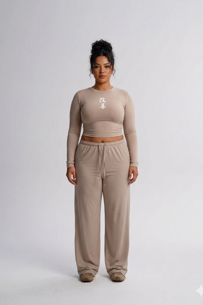 Women's Long Sleeve Sports Suit Set – Top & High-Waist Wide Leg Pants coffee