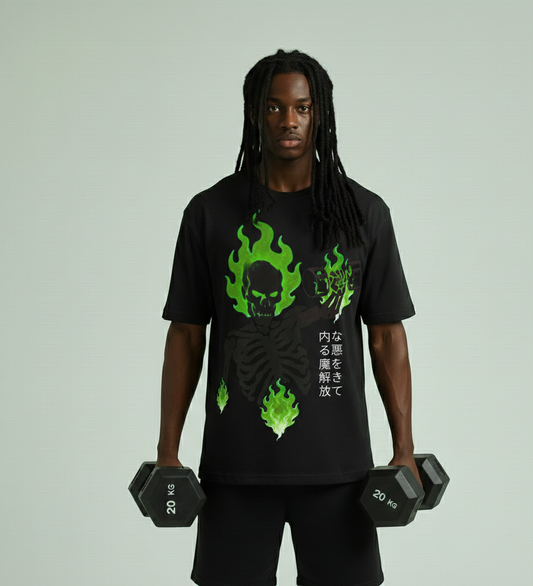 Green Flame Skeleton beast gym  — Japanese  Skull Graphic Tee