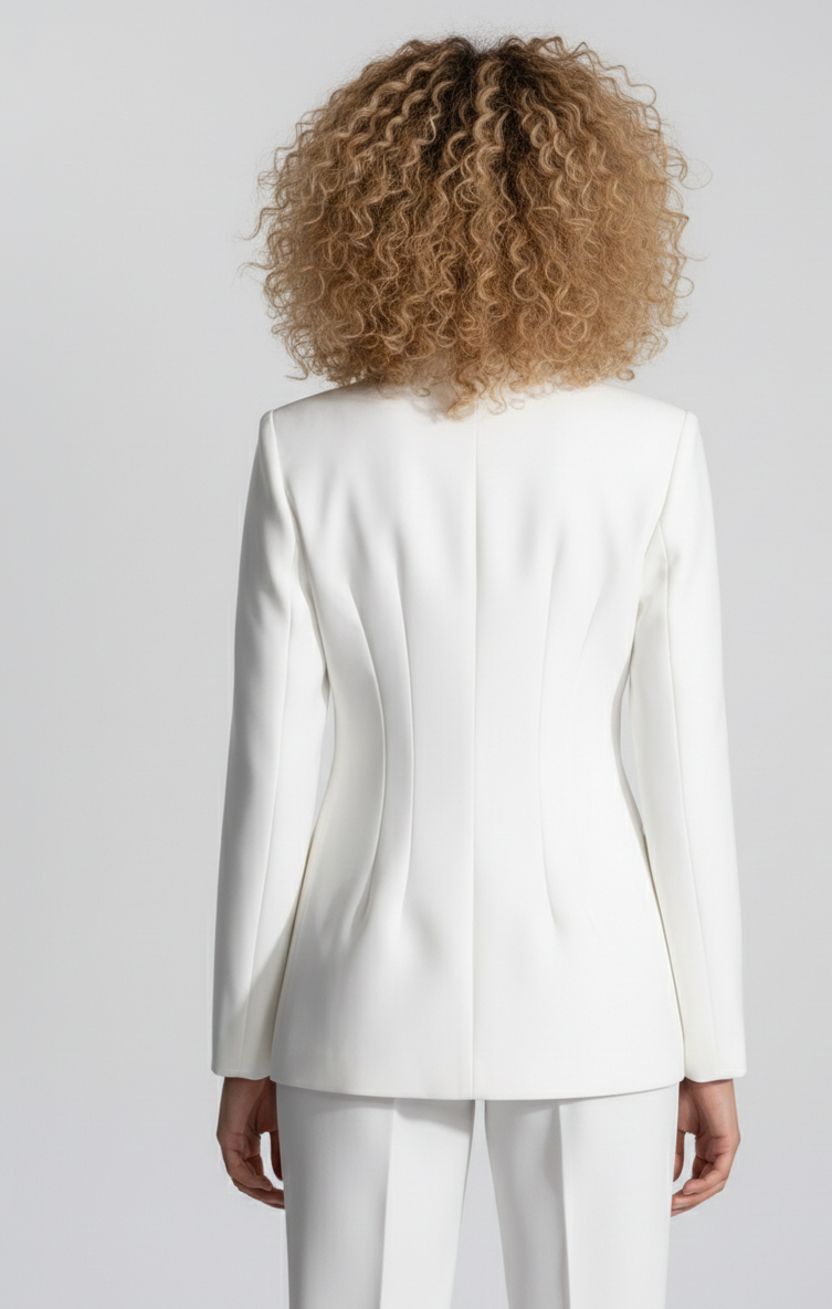 Person wearing a white suit with a plain background