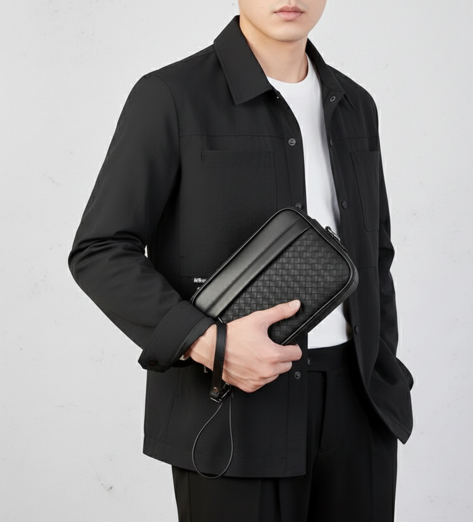 Person holding a black textured clutch bag against a plain background
