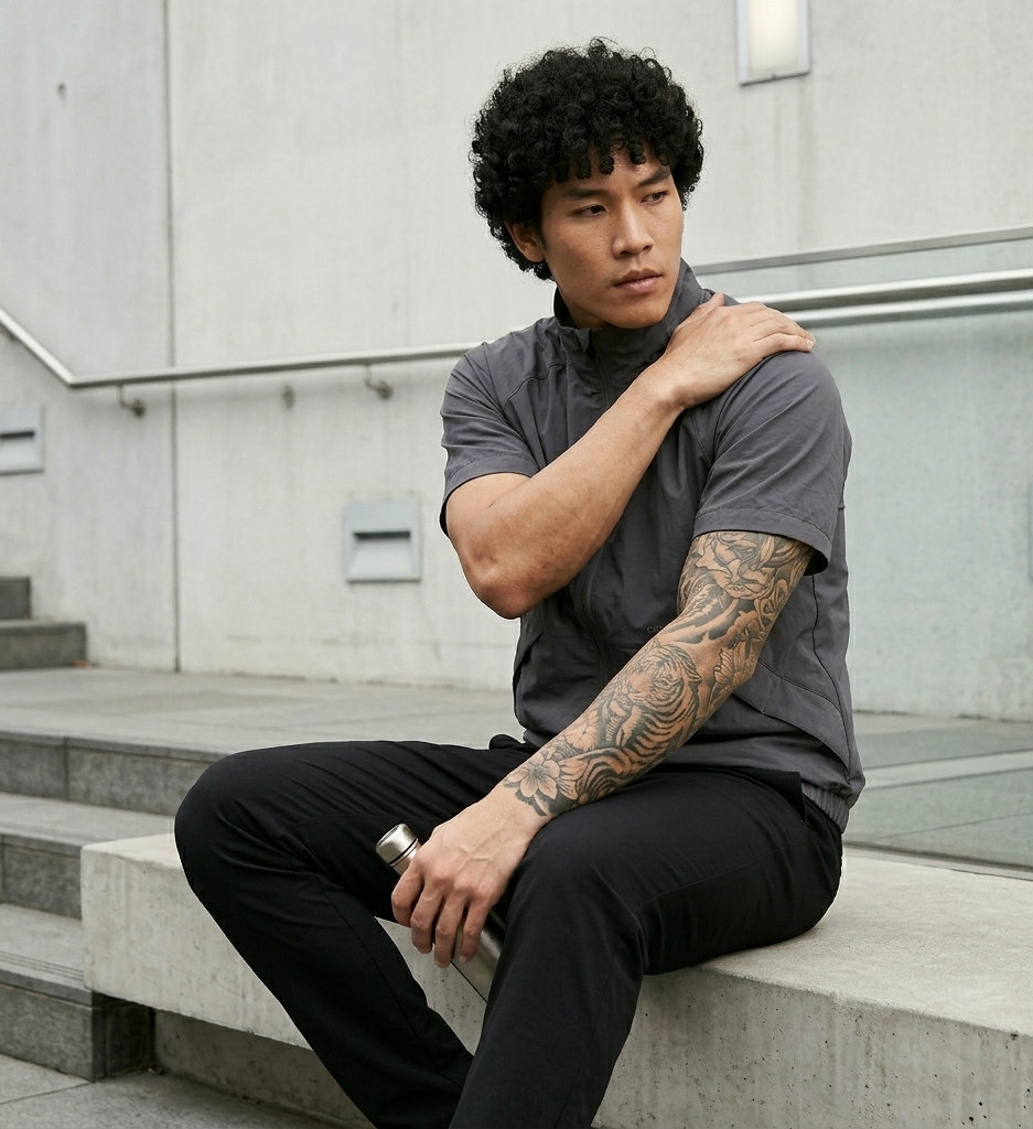 Man sitting on steps wearing a gray turtleneck and black pants, with tattoos visible on his arms.
