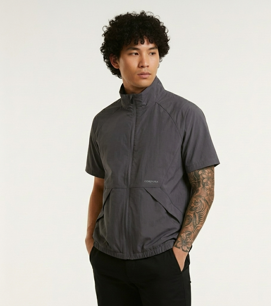 Hoary Zip-Up Short SleevLuxury Old Money Nylon Windbreaker Jacket for Men