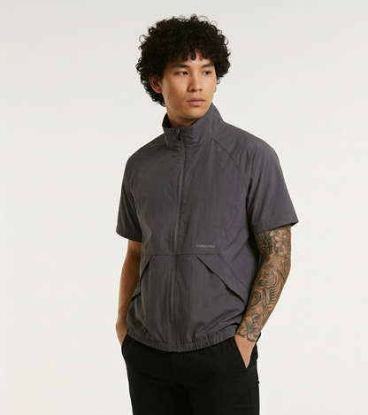 Hoary Zip-Up Short SleevLuxury Old Money Nylon Windbreaker Jacket for Men
