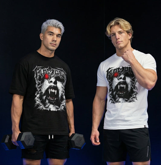 Horror Vamp Graphic Gym Tee — Red-Eyed Fanged Creature T-Shirt