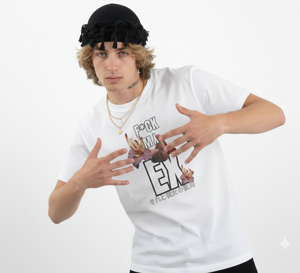 Person wearing a white t-shirt with graphic design and text, standing against a plain background