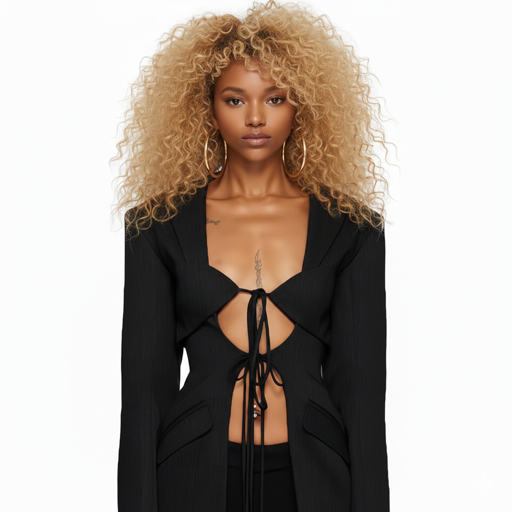 Woman wearing a black outfit with a deep neckline on a white background