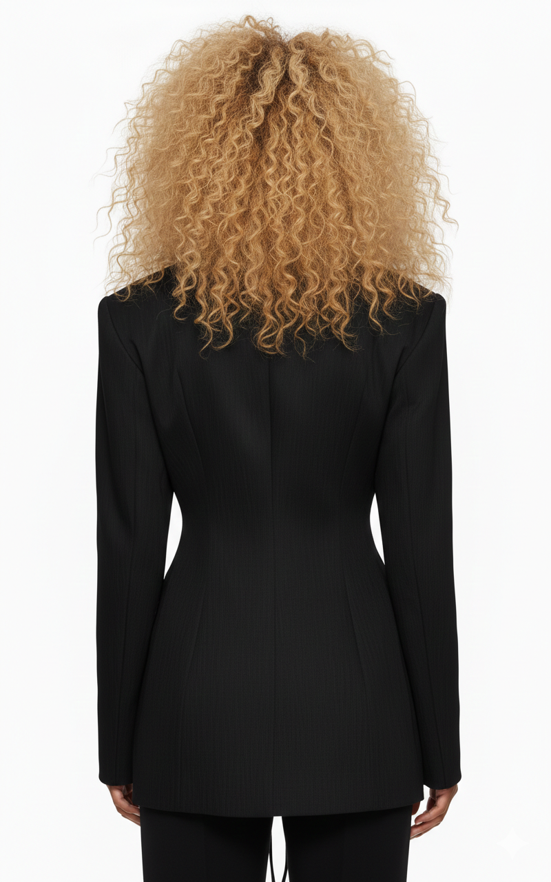 Black blazer worn by a person with blonde curly hair on a white background