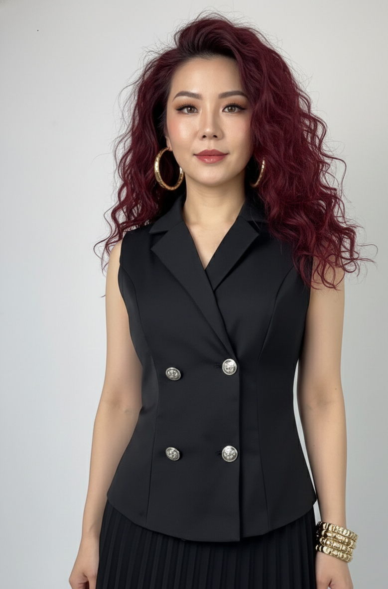 Woman wearing a black sleeveless blazer with silver buttons against a gray background