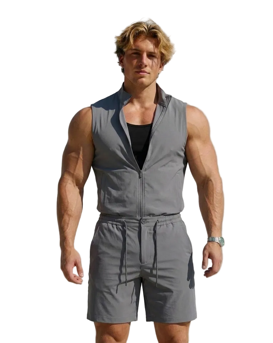 Man wearing a gray sleeveless jacket and shorts on a gray background