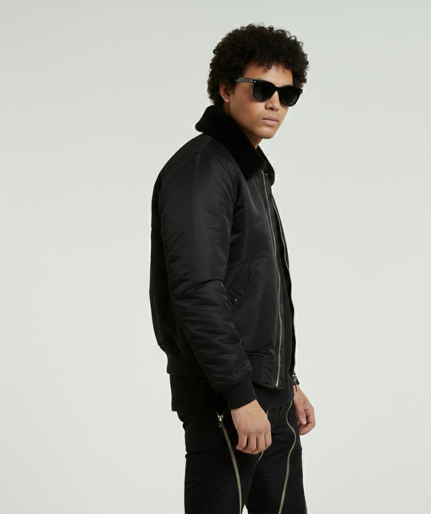 Noir Nylon Faux Fur Bomber Jacket