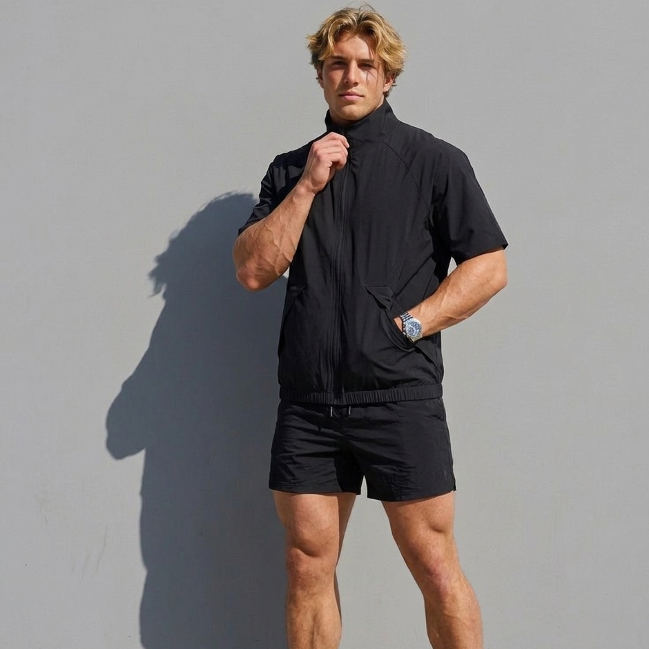 Man wearing a black outfit against a gray background