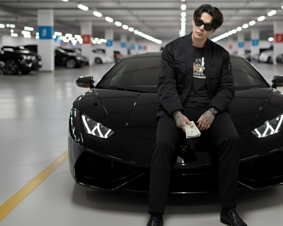 Person sitting on a black Lamborghini in a parking garage