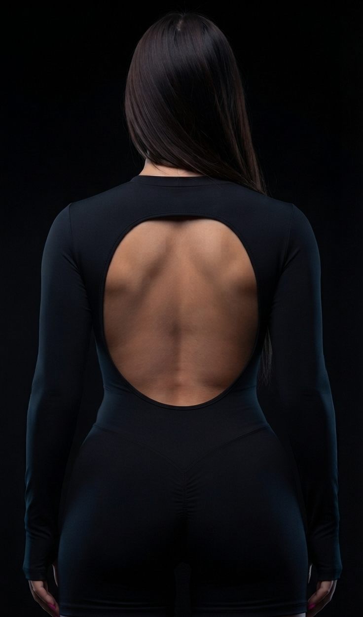 A woman shown from the back wearing a black long-sleeve bodysuit with a large open-back cutout, photographed against a black background.