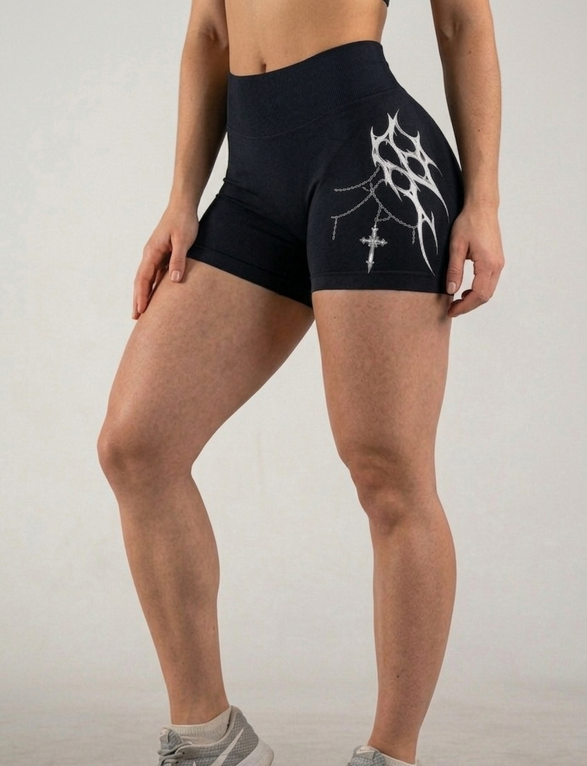 Shadow Cross Tribal Seamless Gym Shorts – High-Waisted Sculpting Activewear for Women