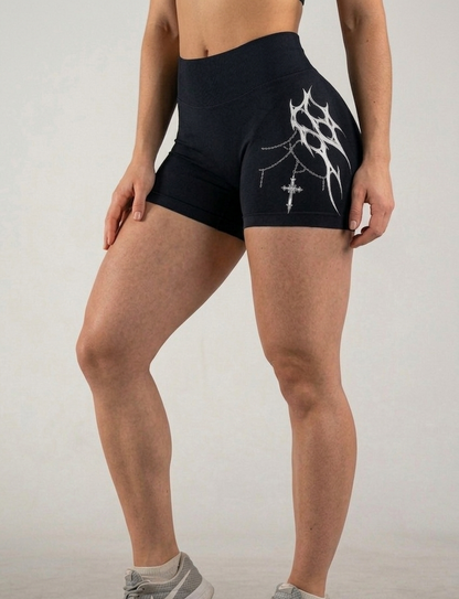 Shadow Cross Tribal Seamless Gym Shorts – High-Waisted Sculpting Activewear for Women