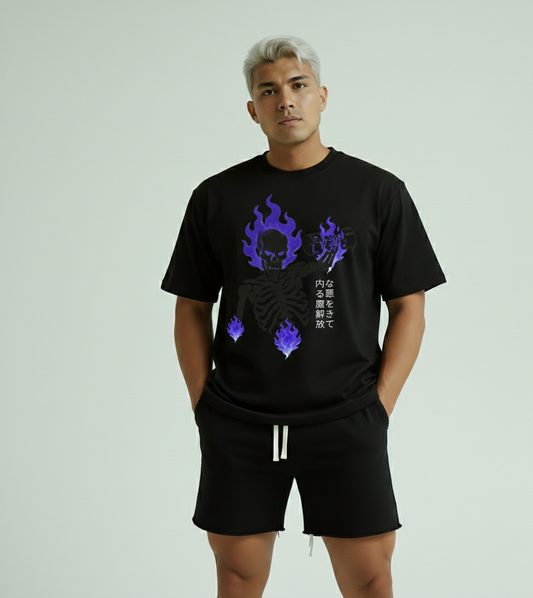 Skull Flame Gym beast — Japanese Kanji Dark Aesthetic Graphic T-Shirt