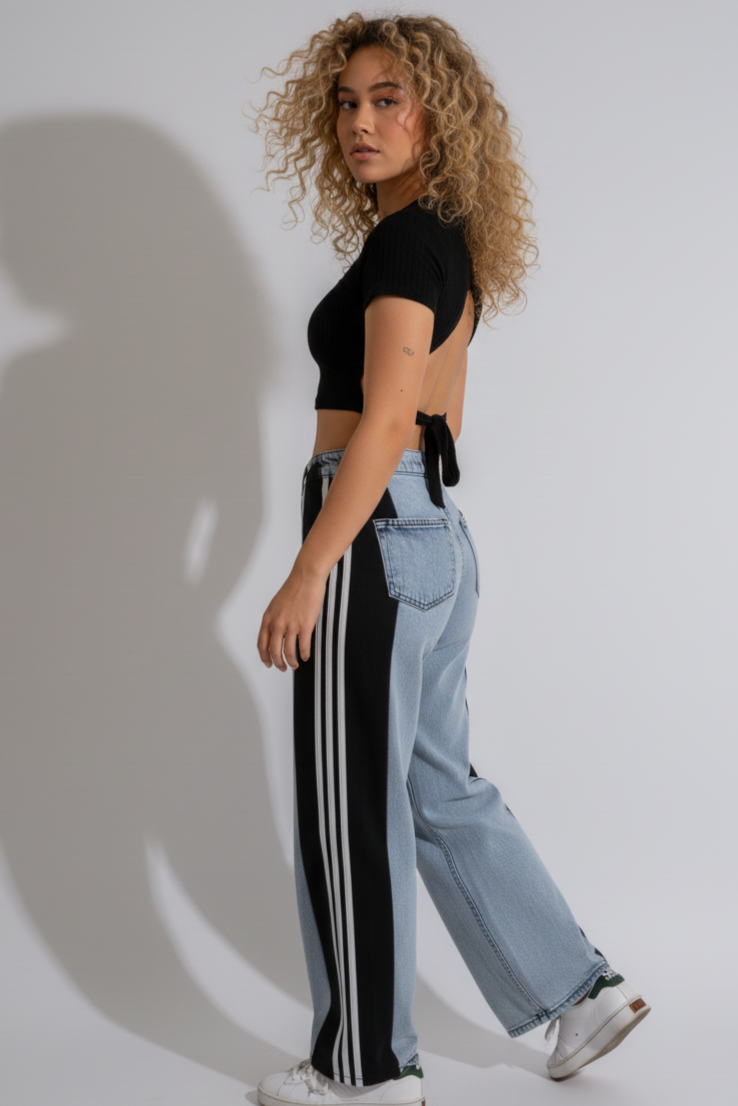 Woman wearing a black crop top and light blue jeans with white stripes on a plain background