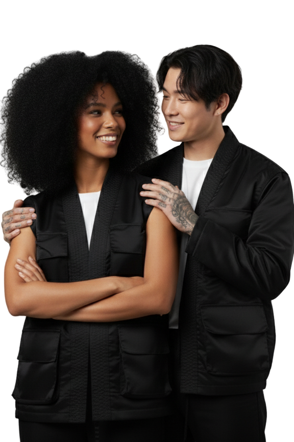 Two people wearing black outfits standing close together against a gray background