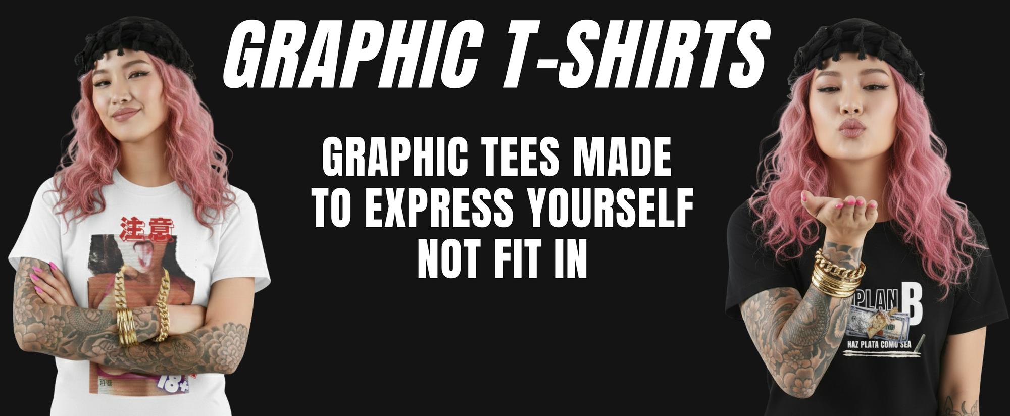 Two people wearing graphic t-shirts with text about expressing oneself.
