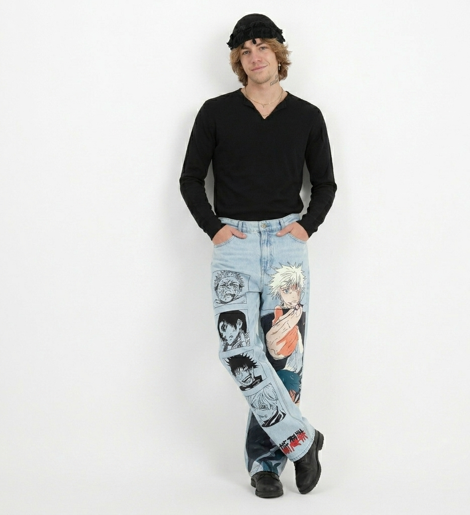 Unisex  Anime Jeans – JJK Inspired Streetwear | Gojo, Yuji Graphic Straight-Leg Denim