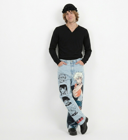 Unisex  Anime Jeans – JJK Inspired Streetwear | Gojo, Yuji Graphic Straight-Leg Denim
