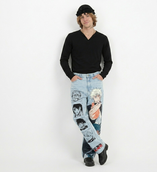 Unisex  Anime Jeans – JJK Inspired Streetwear | Gojo, Yuji Graphic Straight-Leg Denim