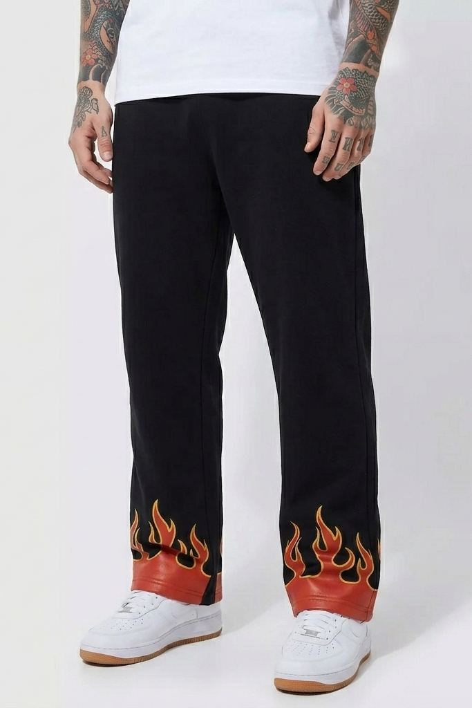 Unisex Flame Hem Gym Sweat Pants – Black Polyester Cotton Athletic Joggers