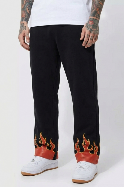 Unisex Flame Hem Gym Sweat Pants – Black Polyester Cotton Athletic Joggers