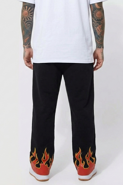 Unisex Flame Hem Gym Sweat Pants – Black Polyester Cotton Athletic Joggers