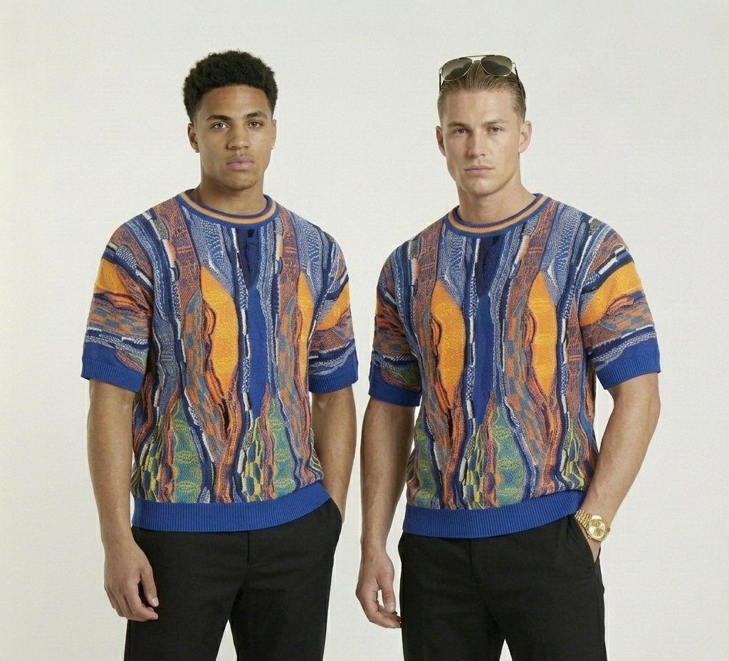 Two men wearing colorful patterned shirts on a white background