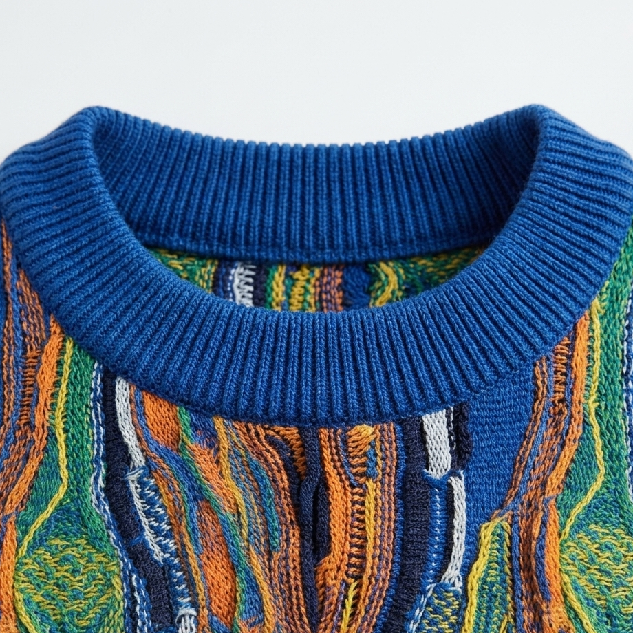 Close-up of a blue sweater with colorful patterned design on a light gray background