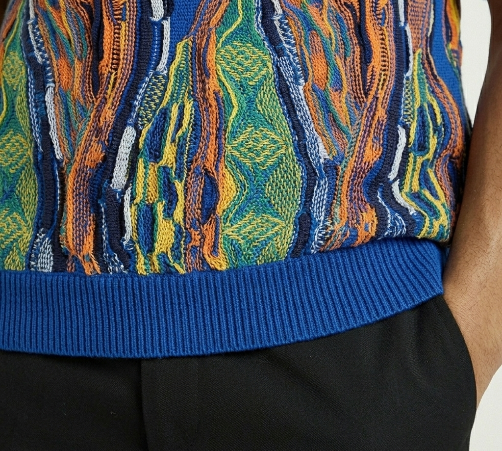 Close-up of a colorful patterned sweater with blue trim