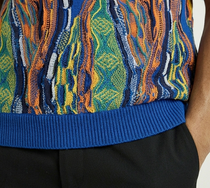 Close-up of a colorful patterned sweater with blue trim