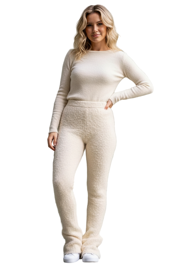 Woman wearing a beige sweater and pants set against a plain wall.