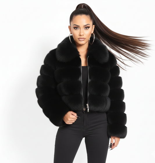 Woman wearing a black fur coat on a white background