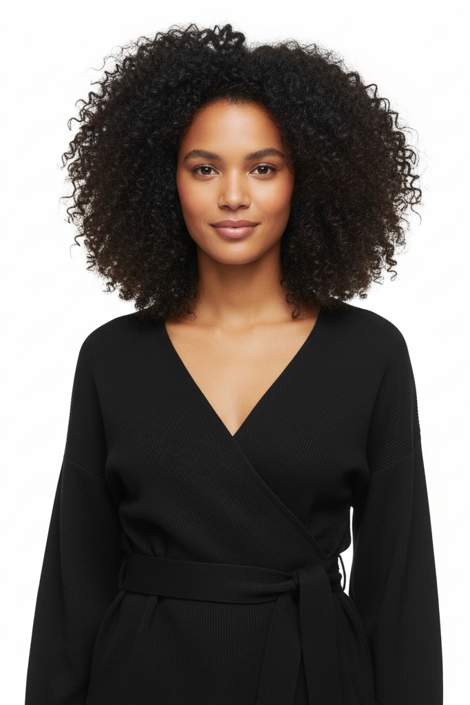 Woman wearing a black wrap dress on a white background