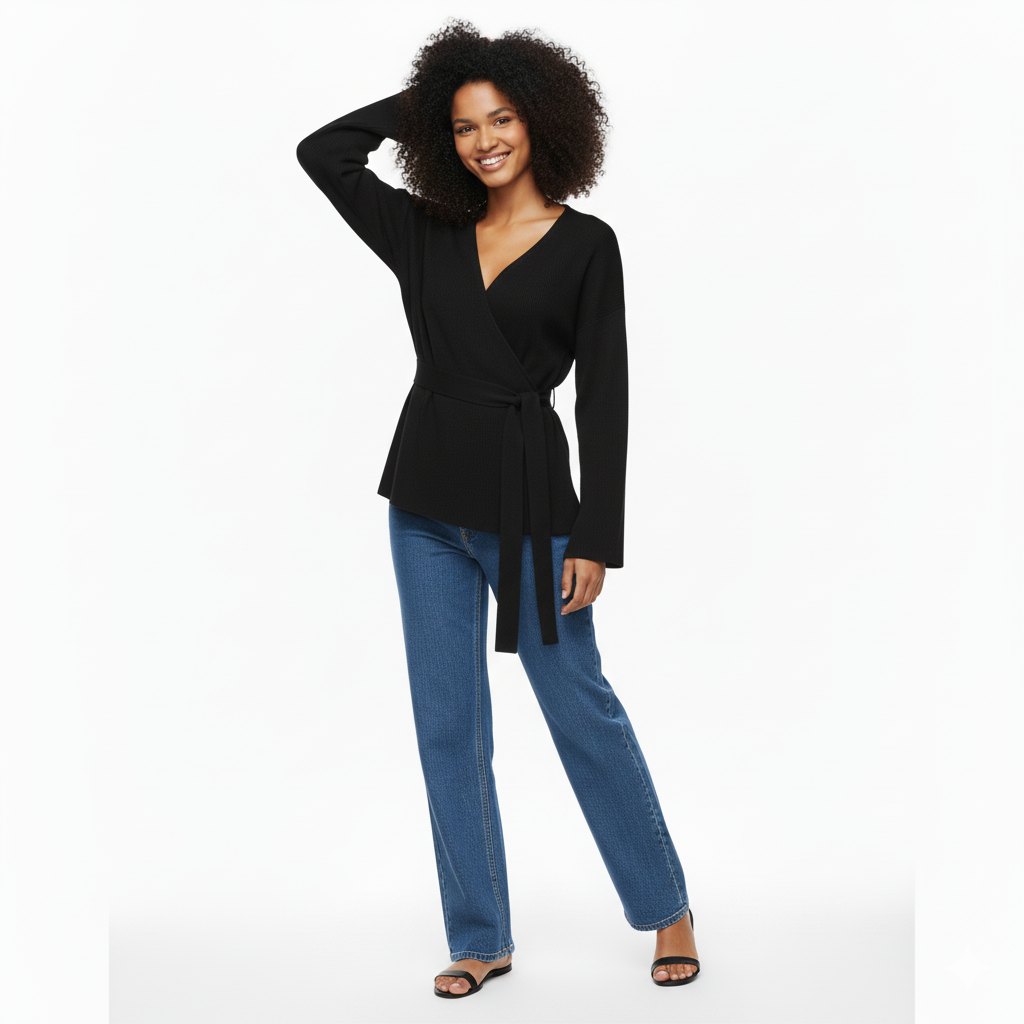 Woman wearing a black wrap top and blue jeans on a white background