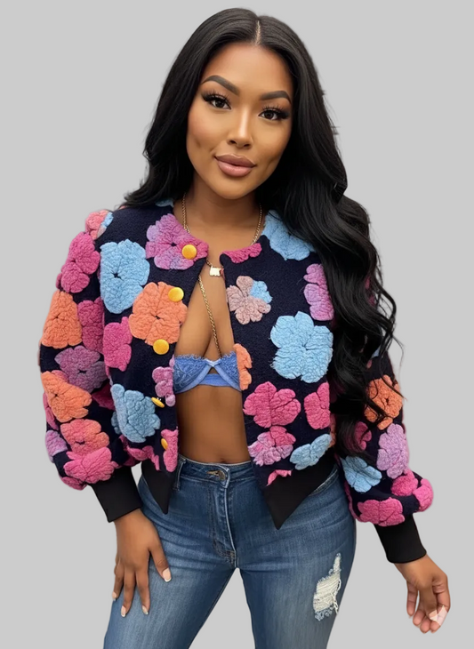 Woman wearing a colorful floral bomber jacket and blue jeans indoors.