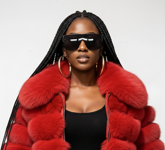 Woman wearing a red fur coat and black sunglasses on a white background