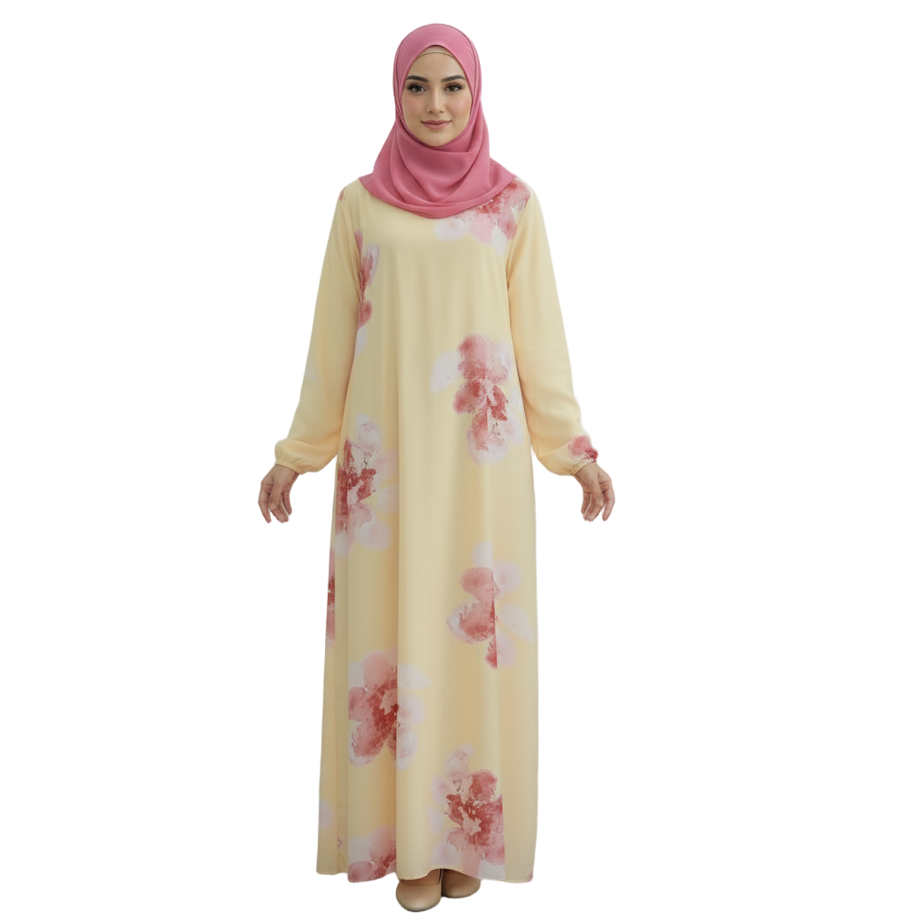 Woman wearing a yellow floral dress and pink hijab against a white paneled wall.