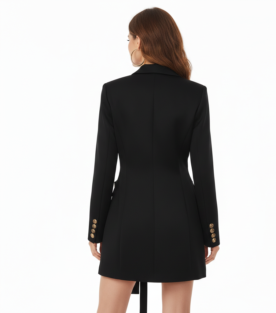Black coat with gold buttons worn by a person on a white background