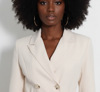 Woman wearing a white blazer against a plain background
