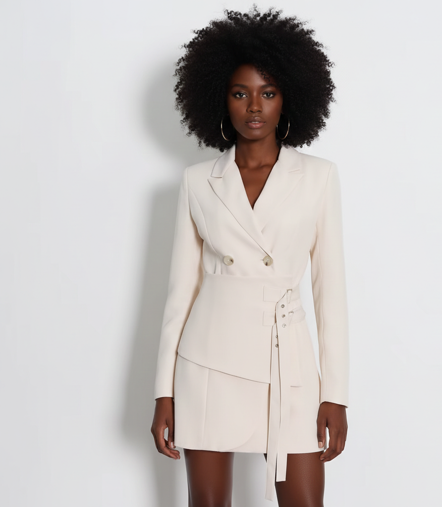 Woman wearing a cream-colored blazer dress against a white background