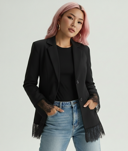 Women’s Long-Sleeve Blazer with Black Lace Detail
