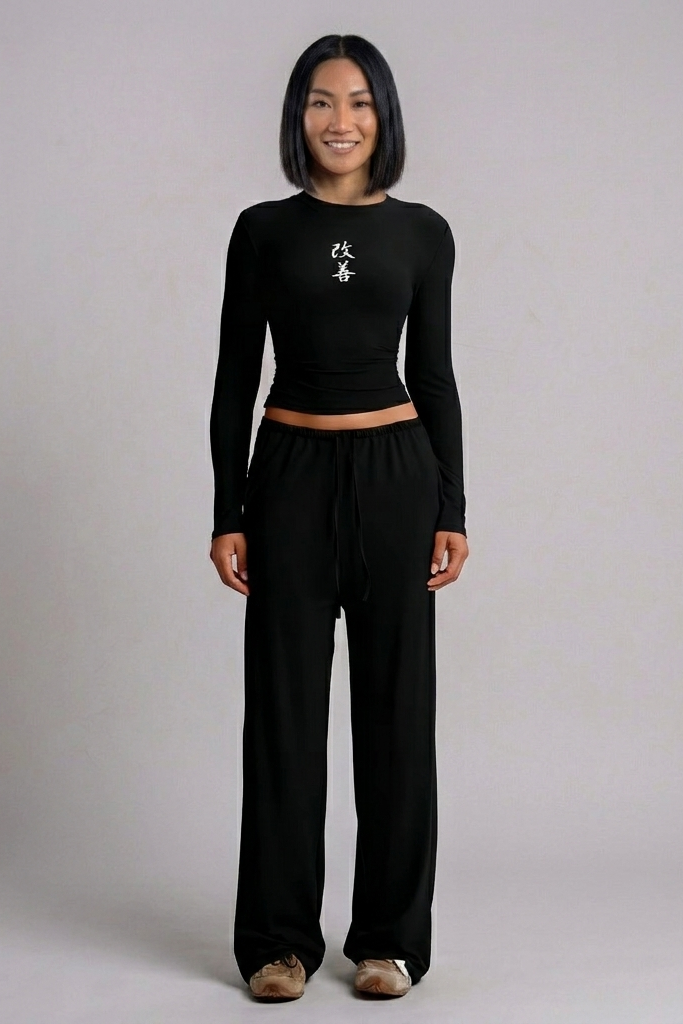 Women's Long Sleeve Sports Suit Set – Top & High-Waist Wide Leg Pants