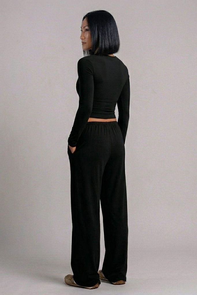 Women's Long Sleeve Sports Suit Set – Top & High-Waist Wide Leg Pants