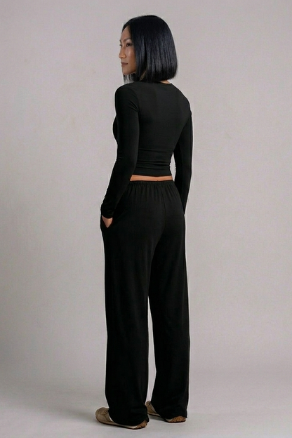 Women's Long Sleeve Sports Suit Set – Top & High-Waist Wide Leg Pants