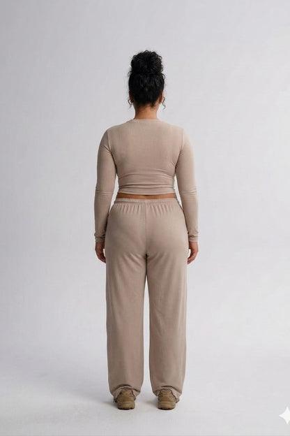 Women's Long Sleeve Sports Suit Set – Top & High-Waist Wide Leg Pants coffee