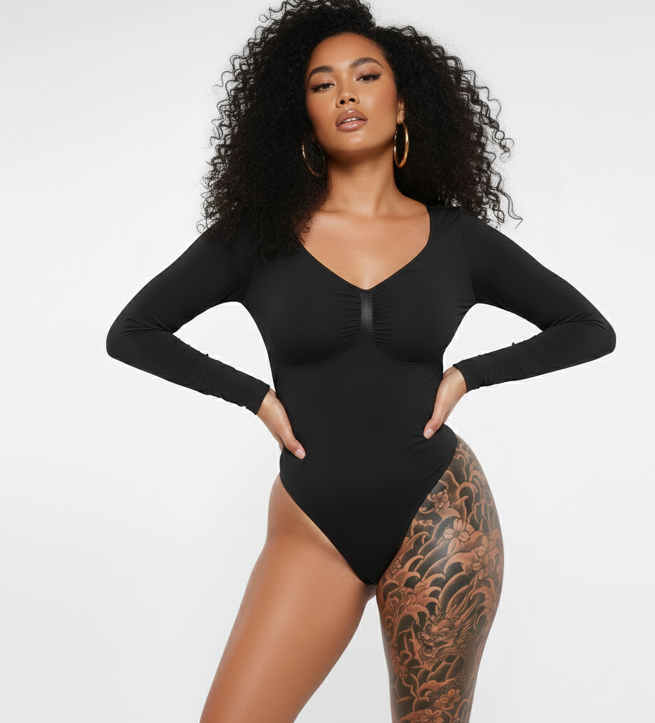 Woman wearing a black bodysuit on a white background